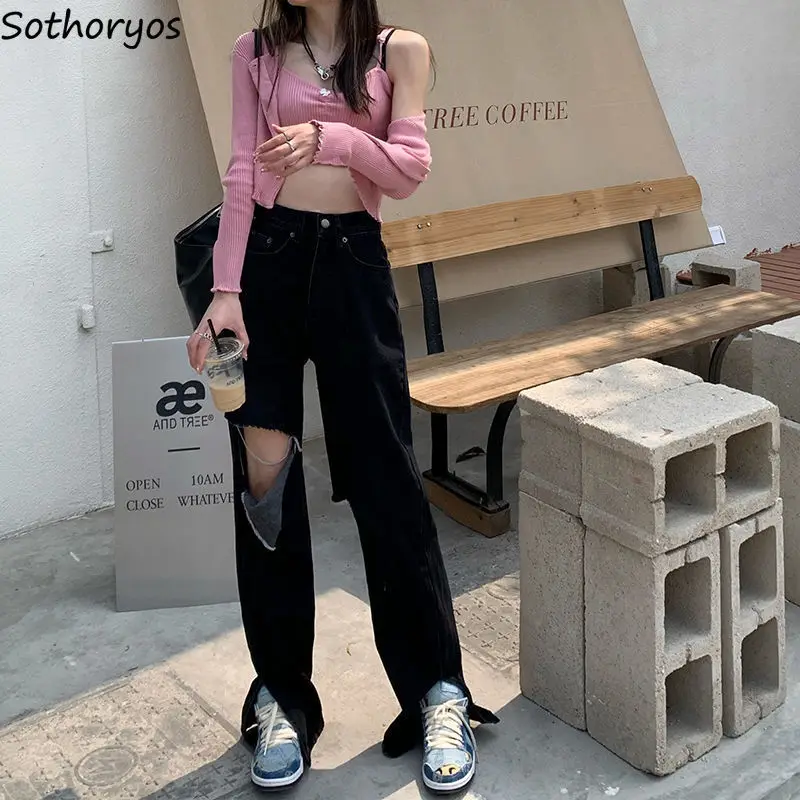

Ripped Holes Jeans Women Solid Black Summer High Waist Denim Mopping Split Baggy Straight Trousers Hip Hop BF Harajuku Chic 2021