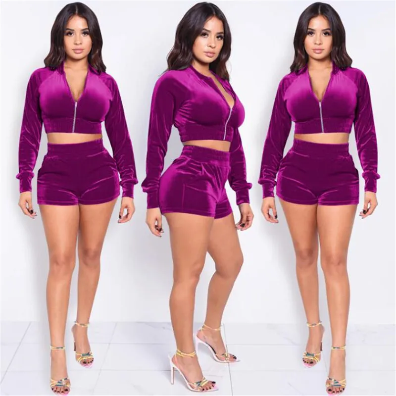

Tracksuit Women Set 2 Pieces Long Sleeve Zipper Crop Tops Elastic Waist Shorts Lounge Wear Velvet Tracksuit Streetwear Clothing