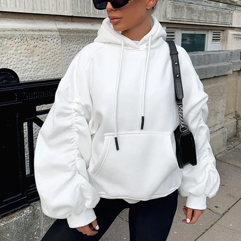 

Design Sense Pile Sleeves Plush Sleeve Hooded Casual Fashion Pullover Loose Solid Color Hoodie Women Pullover Women's Clothing