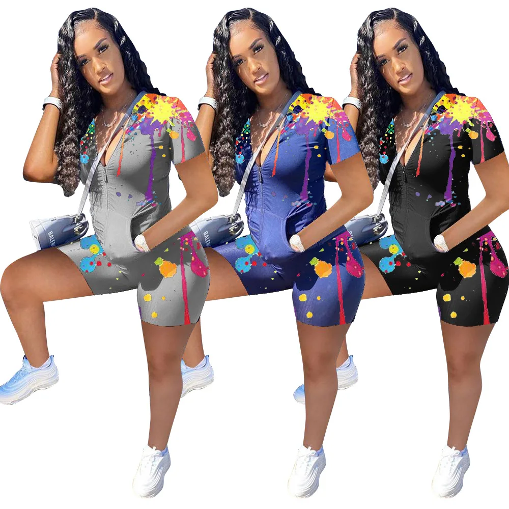 

2021 summer hot style inkjet printed pocket short sleeve two-piece suit