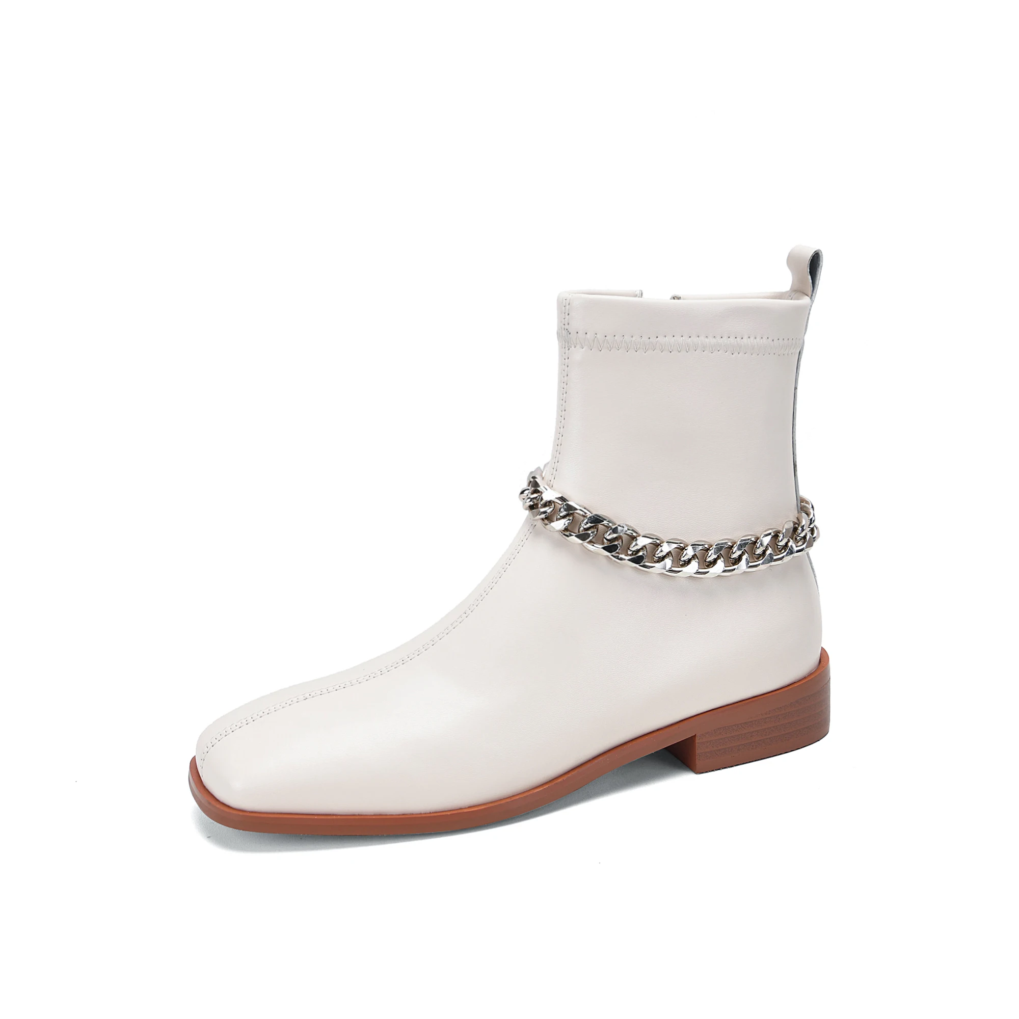 

GD-time Real Leather Ankle Boots Winter Women Shoes High Thick Heel Boot Metal Decoration Square Toe Ladies Short Boots Black