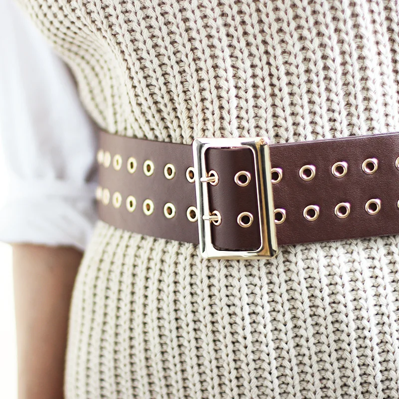 Женский ремень с двумя рядами Металлических Заклепок и люверсами |