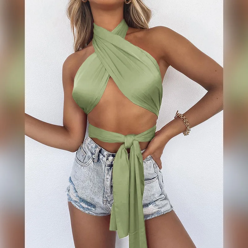 

Summer Sexy Satin Bandage Halter Crop Tops for Women Sleeveless Backless Tie Up Cami Top Hollow Out Vest Outfits Streetwear