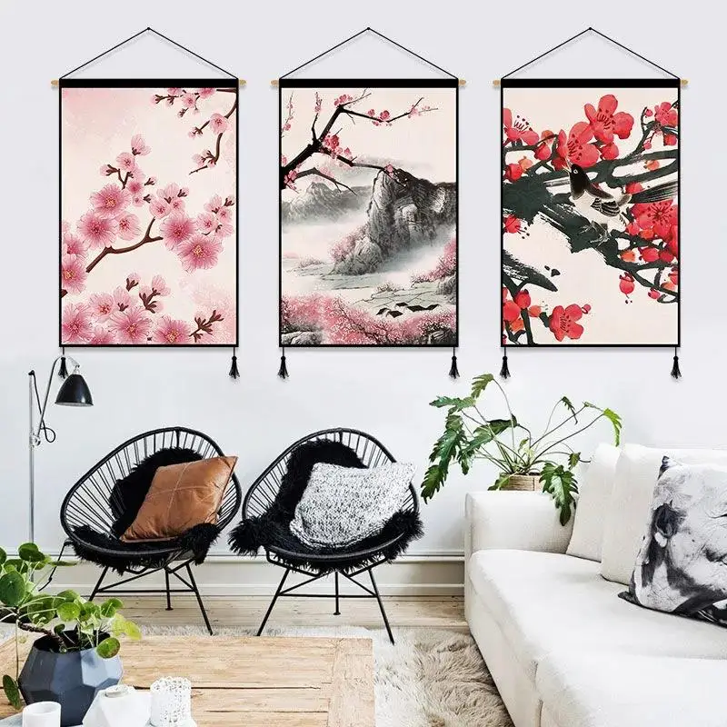 

Canvas Hanging Scroll Painting Art Posters Plum Blossom Landscape Painting Printed Wall Picture Hanging Tapestry Home Room Decor
