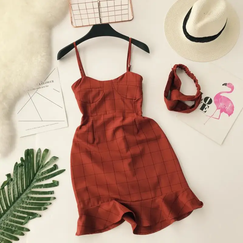 

2018 new fashion women's strap dress plaid V-neck high waist ruffled short dress