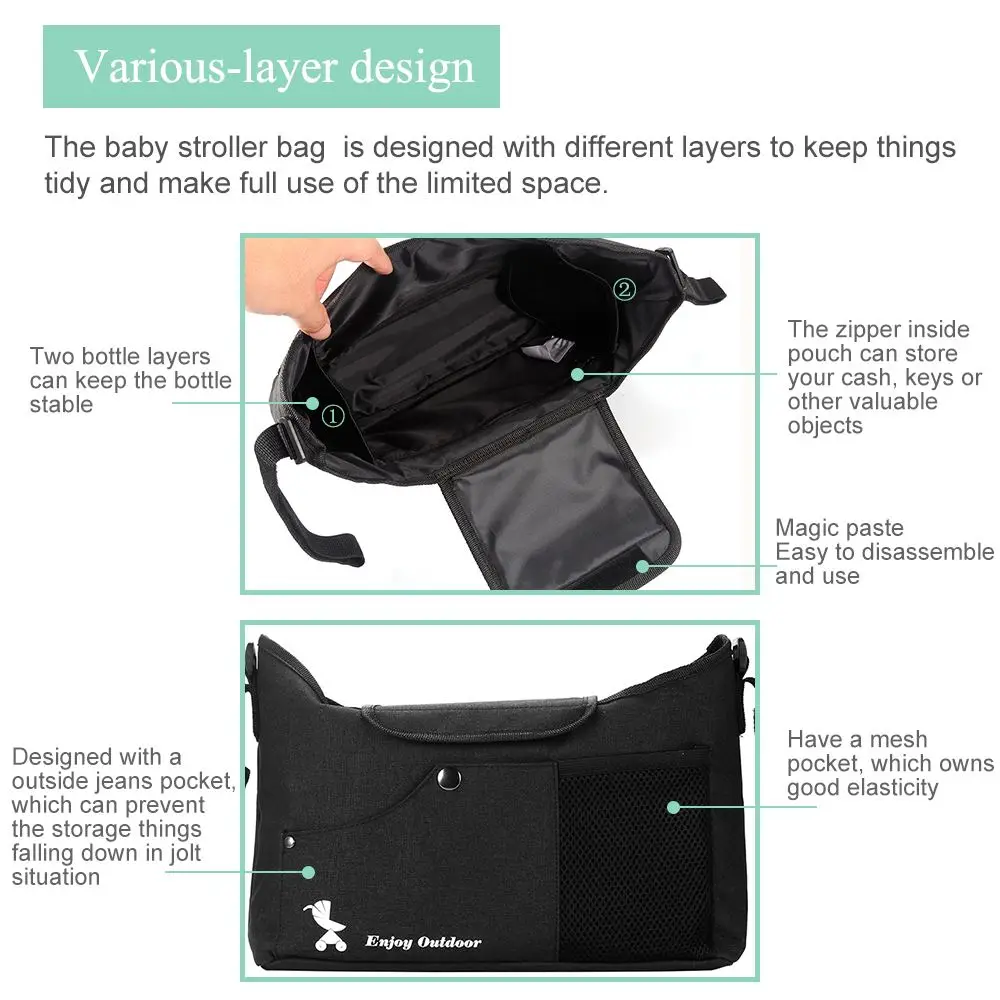 Горячая продажа Детская коляска сумка черная прочная Органайзер с волшебной