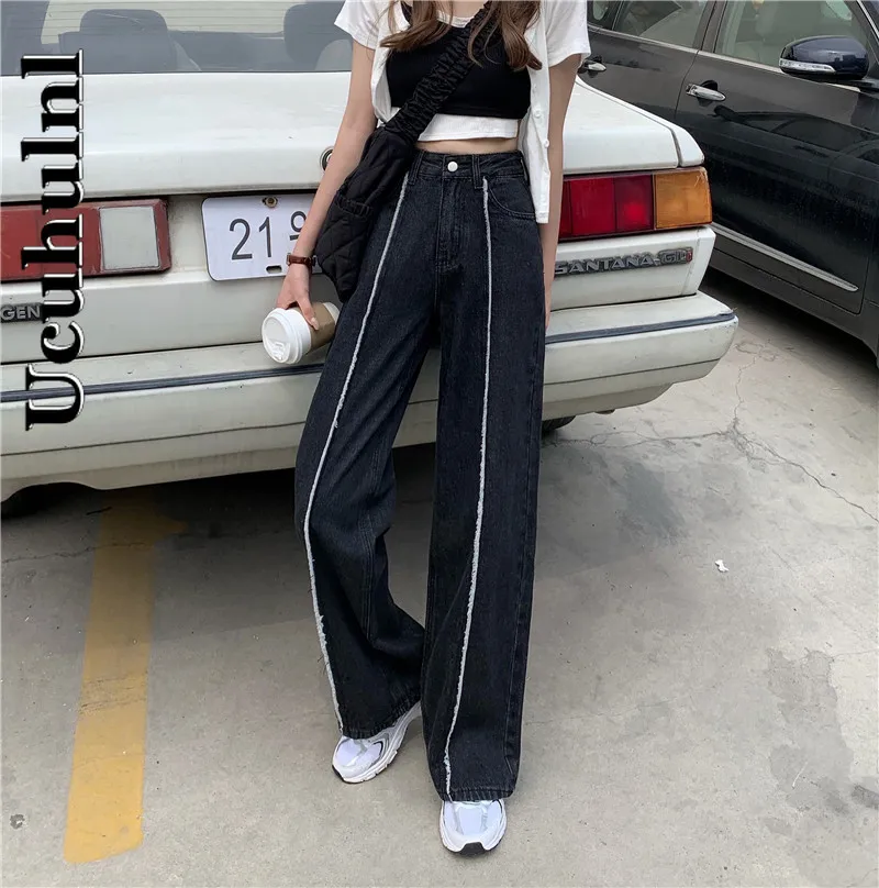 

Ucuhulnl Bright Line Contrast Striped High Waist Loose Straight Denim Pant Black Fashion Jeans Women Mom Casual Boyfriend Trouse