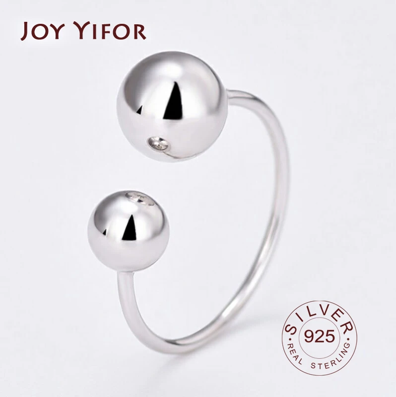 

925 Sterling Silver Minimalist Two Beads Ball New Trendy Simple Geometric Open Rings for Women Fashion Vintage Jewelry