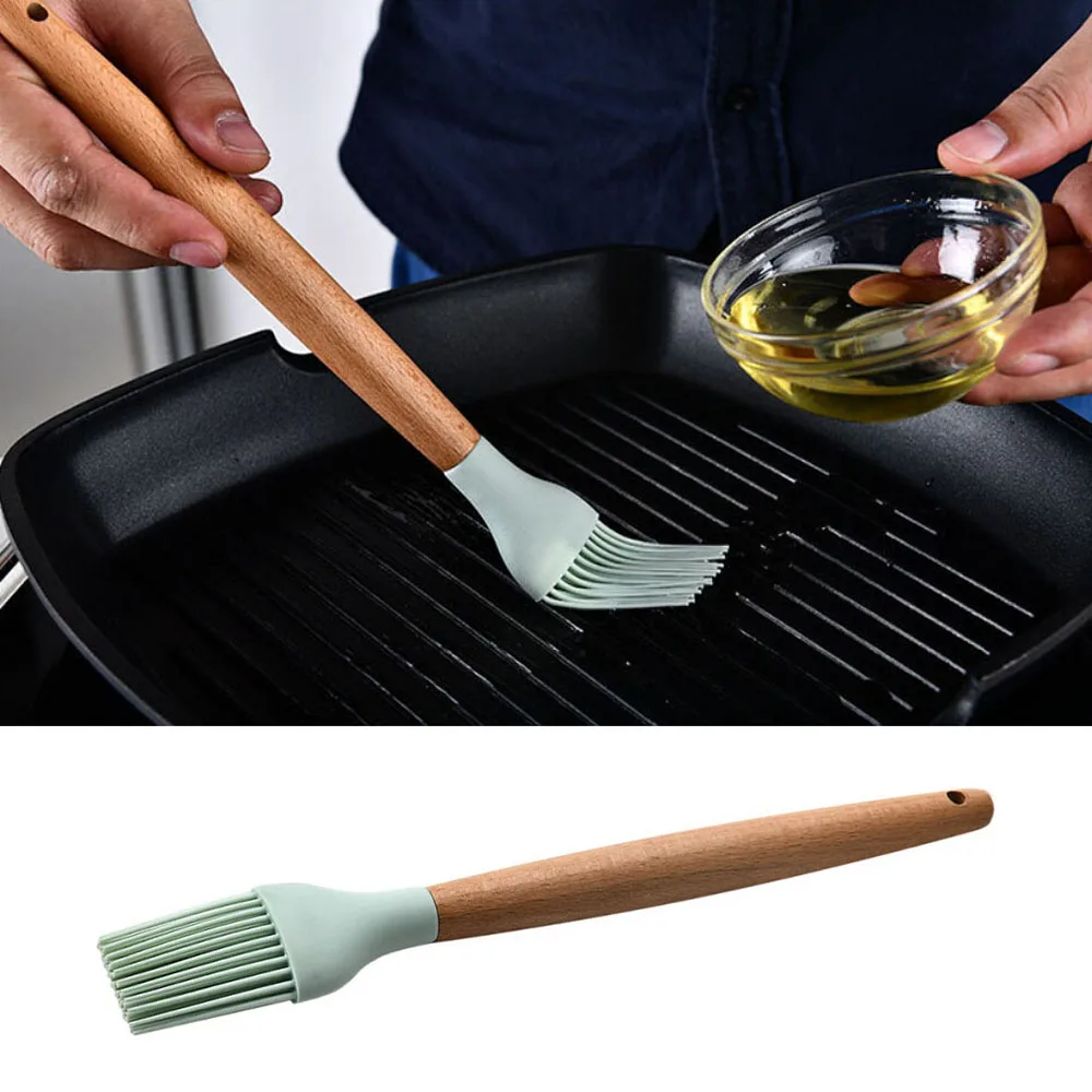 Силиконовая кухонная утварь набор с деревянной ручкой лопаточка ложка-кисточка