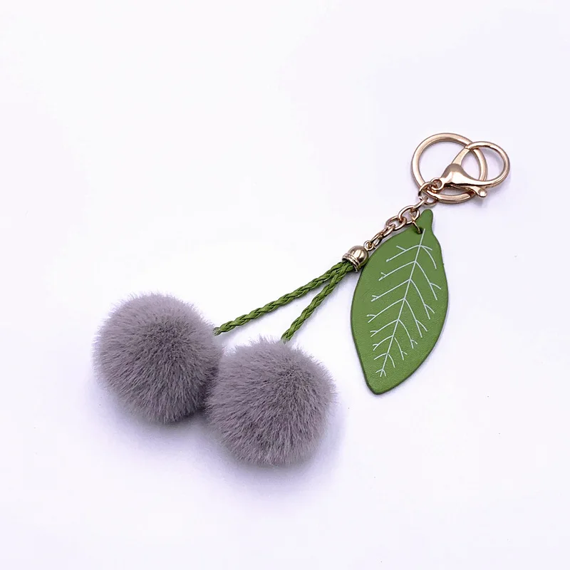 

5PCS/LOT Fashion New Cute Fluffy Artificial Rabbit Fur Ball Pompom Leaf Keychain Cherry Key Chain Handbag Pendant Car Key Chain