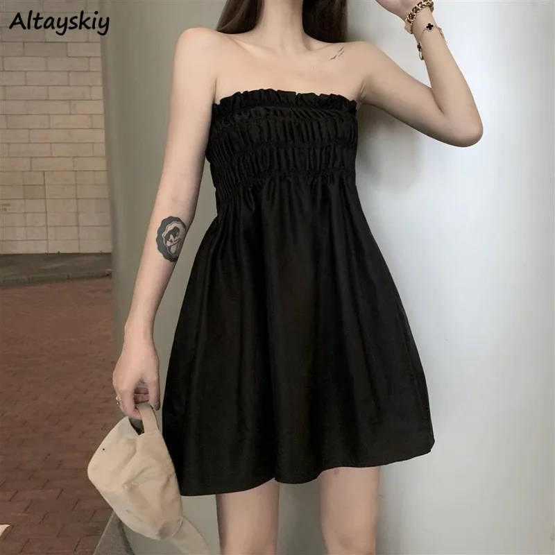 

Sleeveless Dress Women Solid Folds Mini Chest-wrapping A-line Student Elegant Fashion Leisure Summer Simple Vestidos Mujer Chic