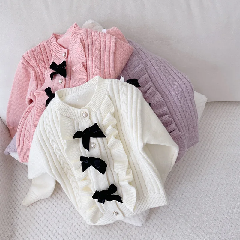 

Вязаный кардиган с бантом для девочек, Осень-зима, детская одежда, теплое пальто с длинным рукавом, топы, От 1 до 6 лет