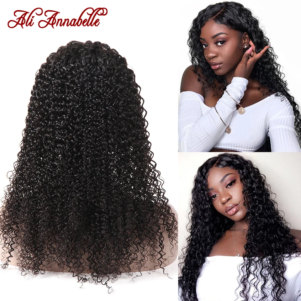 Ali Annabelle Kinky Curly Lace Front Human Hair Wig Pre plucked Natural Hairline 8-26 Inch Pervian Frontal Wigs | Шиньоны и парики