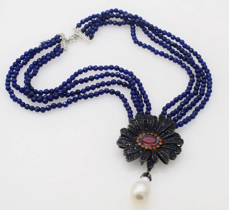 

4rows blue jade round faceted 4mm &zircon flower freshwater pearl white baroque beads necklace 18" FPPJ
