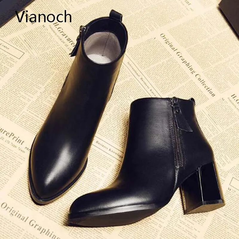 Новые модные женские ботильоны Vianoch 2018 зимняя теплая обувь с острым носком