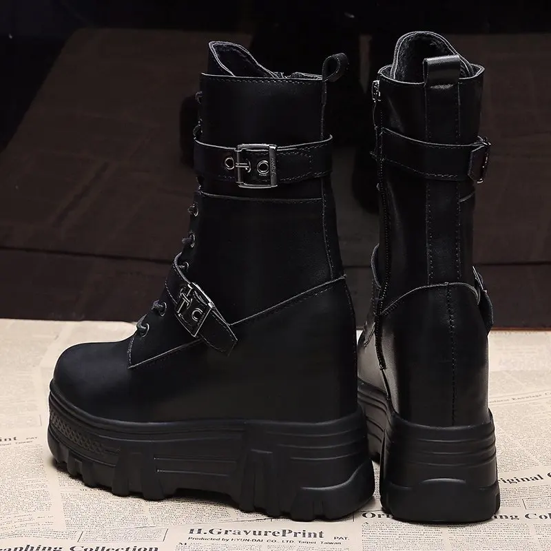 

Autumn Leather Women Ankle Boots Classic Gothic High Platform Chunky Shoes Winter Motorcycle Boots Warm Plush Sneakers 10cm Heel