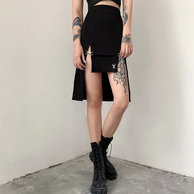 

Mall Goth Punk Style Skirt High Waist Split Skirts Women Hip Hop Faldas Black Dark Academia Ruched Midi Skirts Club Streetwear