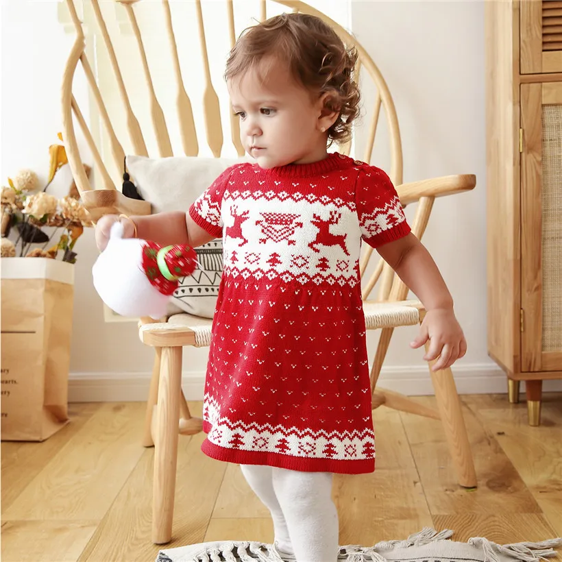 Трикотажное детское платье Рождественская одежда для маленьких девочек с оленем