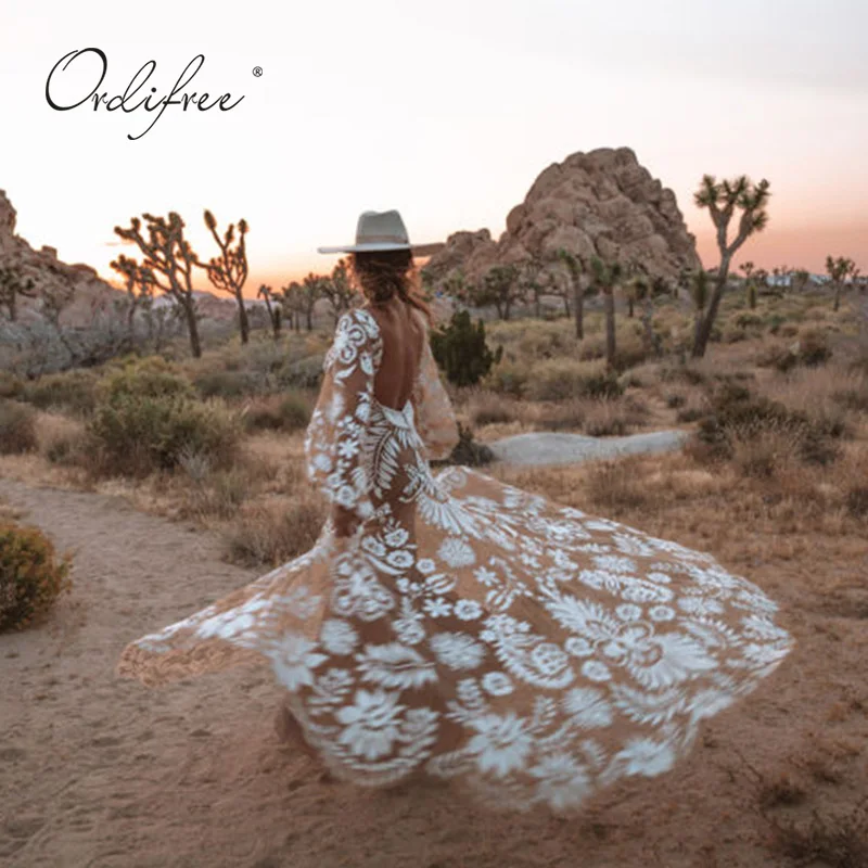 Женское Макси платье в пол Ordifree белое кружевное пляжное стиле бохо с вышивкой