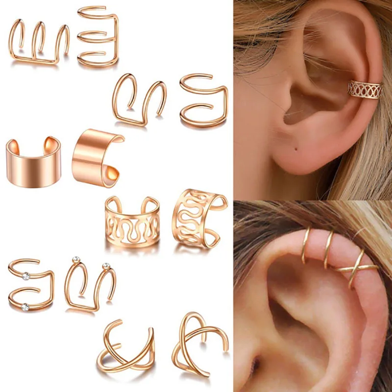 

12Pcs Trendy Rose Gold Color Ear Cuffs Leaf Clip Earrings for Women Climbers No Piercing Fake Cartilage Ear Clip Party Jewelry
