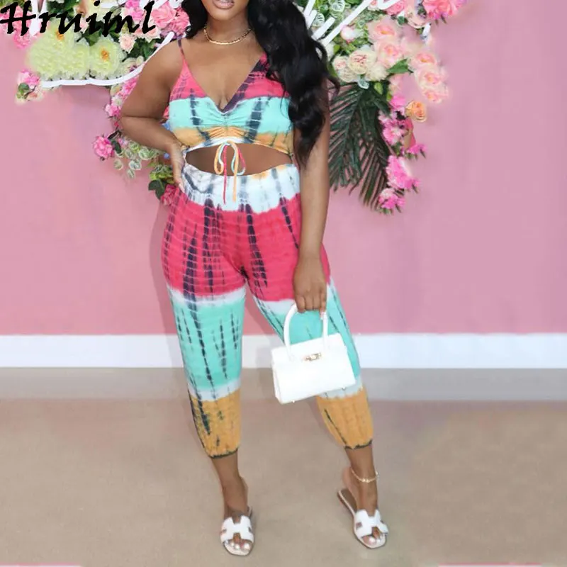 

Summer Two Piece Set Top and Pants New Fashion Tie-dye Printing Slim Casual Set Exposed Navel Strappy Outfits for Women