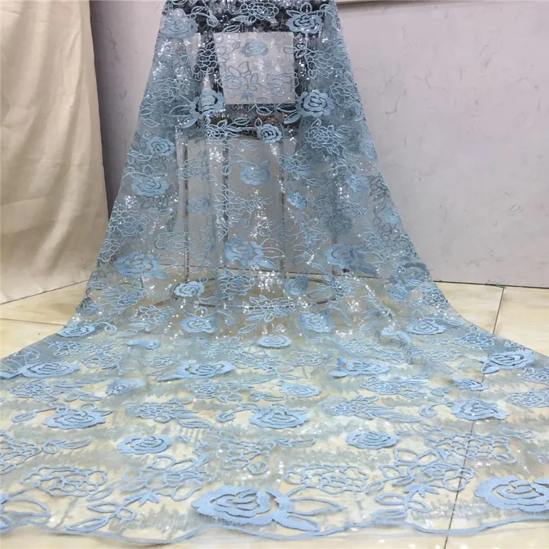Sky blue Sequins Net Lace Fabric 2020 gold High Quality African Mesh Wedding Bride Dress Sewing Sequined Embroidered Material | Дом и сад