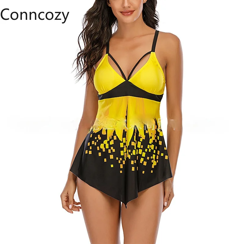 

8XL Plus Size Swimsuit Conservative Gradient Bikini Set Large Size Swimsuits Yellow Striped Swimwear Bathing Suit Women Sexy