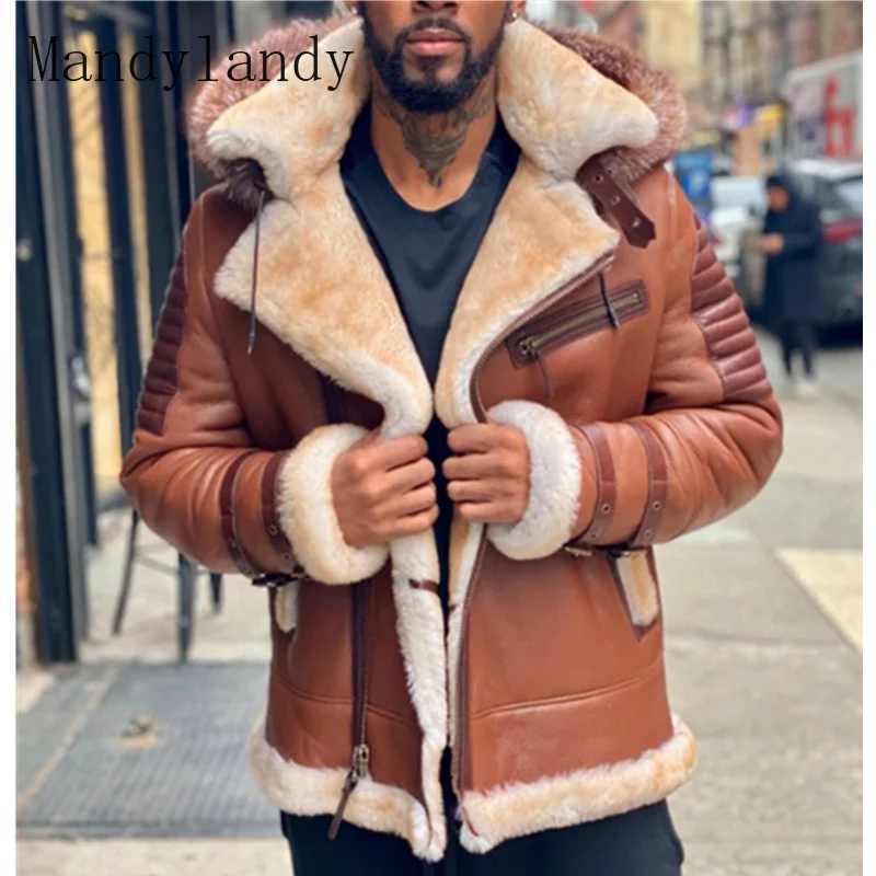 Мужская модная кожаная куртка Mandylandy с капюшоном винтажная однотонная утепленная