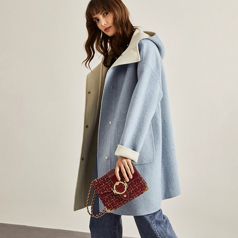woolen coat women's 2019 new autumn and winter casual loose medium long blue fashionable zero cashmere | Женская одежда