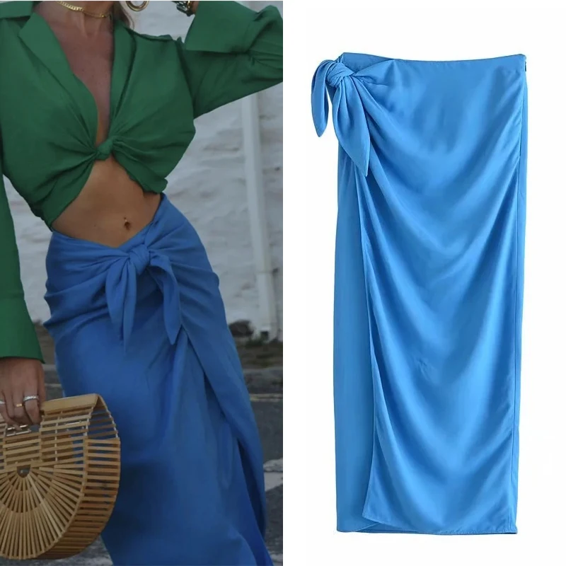 

Women Skirt 2021 Za Wrap Long Skirts Woman Blue High Waist Pareo Skirt Fashion Knot Midi Slit Vintage Elegant Summer Skirts