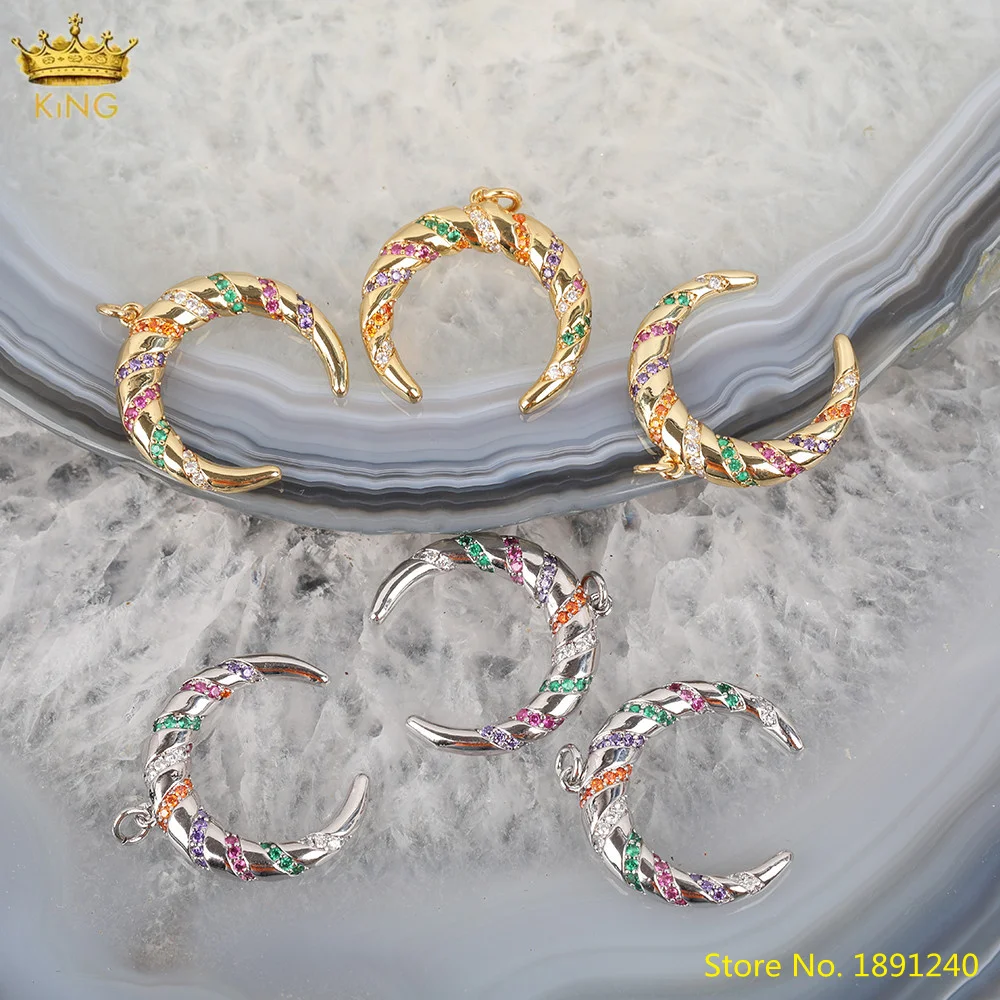

5pcs Rainbow Cubic Zircon Micro Paved Crescent Moon Pendant For Necklace Making,Gold Silvery Copper Moon Charms Jewelry Findings