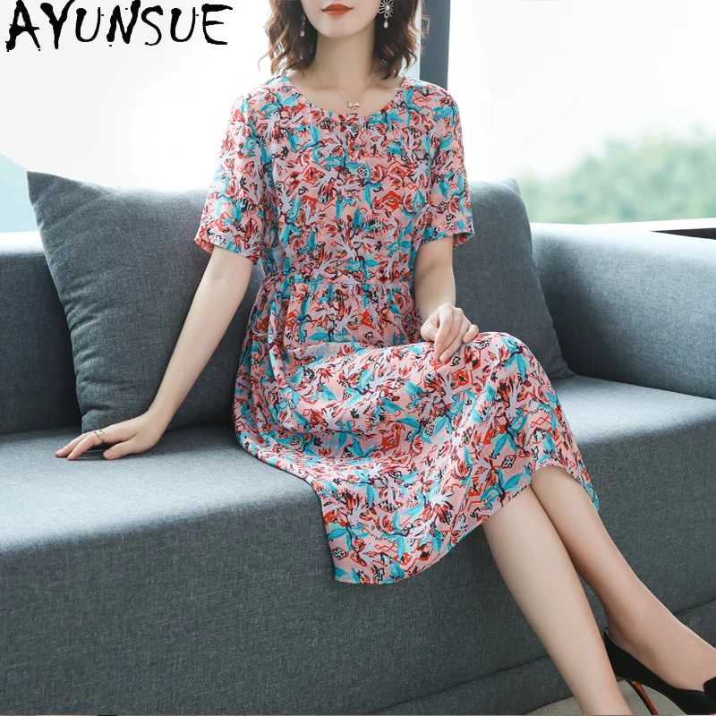 

Летнее шелковое Цветочное платье AYUNSUE, высококачественное элегантное пляжное платье в стиле бохо 2021, одежда, платья для женщин, Vestido Midi J6980