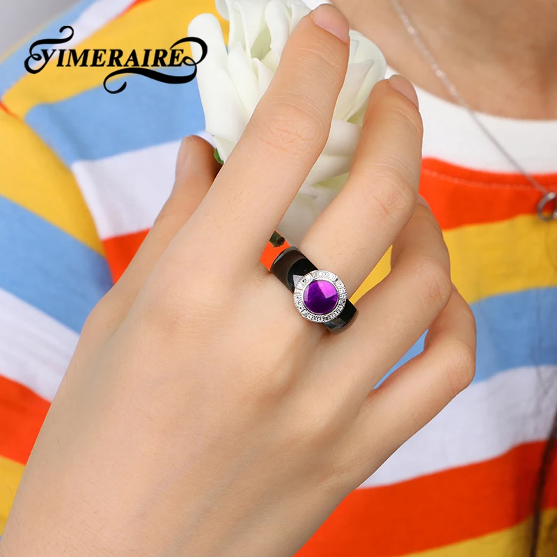 Женское классическое керамическое кольцо фиолетовое круглое из стерлингового