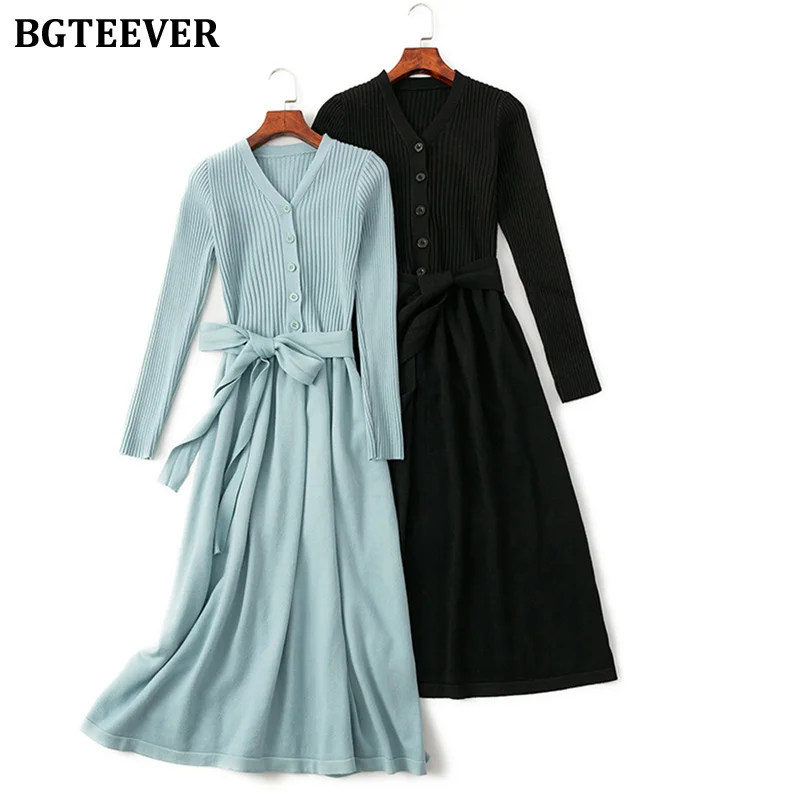 

BGTEEVER Elegant V-neck Button Women Sweater Dress Full Sleeve Slim Waist Lace-up Knitted Female A-line Dress 2022 Spring