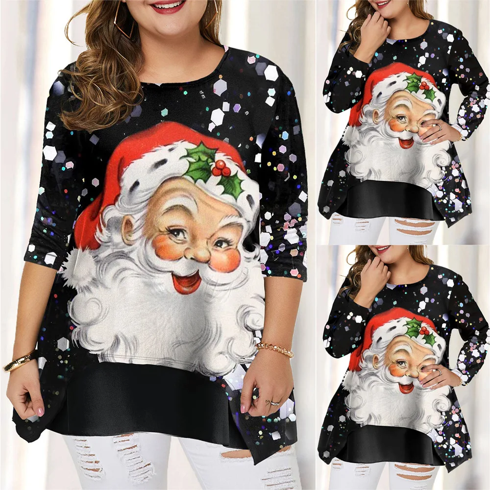 

Woman Tshirts Christmas Print Plus Size Loose Stylish Casual Winter O Neck Long Sleeve Female Clothing Ropa Mujer Talla Grande