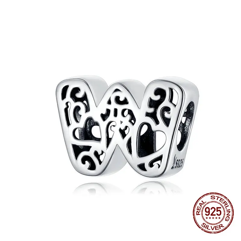 26 алфавитов, A-Z,, серебряные бусины 925 пробы, Подходит для Pandora, браслет, ожерелье, Подвеска для женщин, изготовление ювелирных изделий - Цвет: W