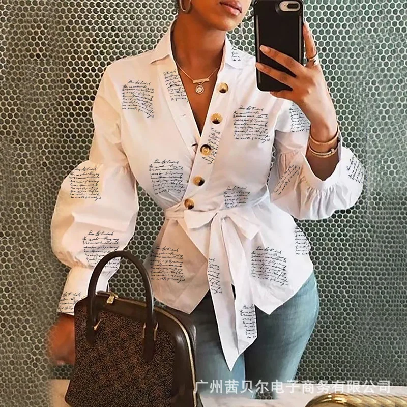 

WEPBEL Shirts Women's Casual Slim Fit Lace Up Blouse Summer Fashion Long Sleeve V-neck Single Breasted Printed Shirts