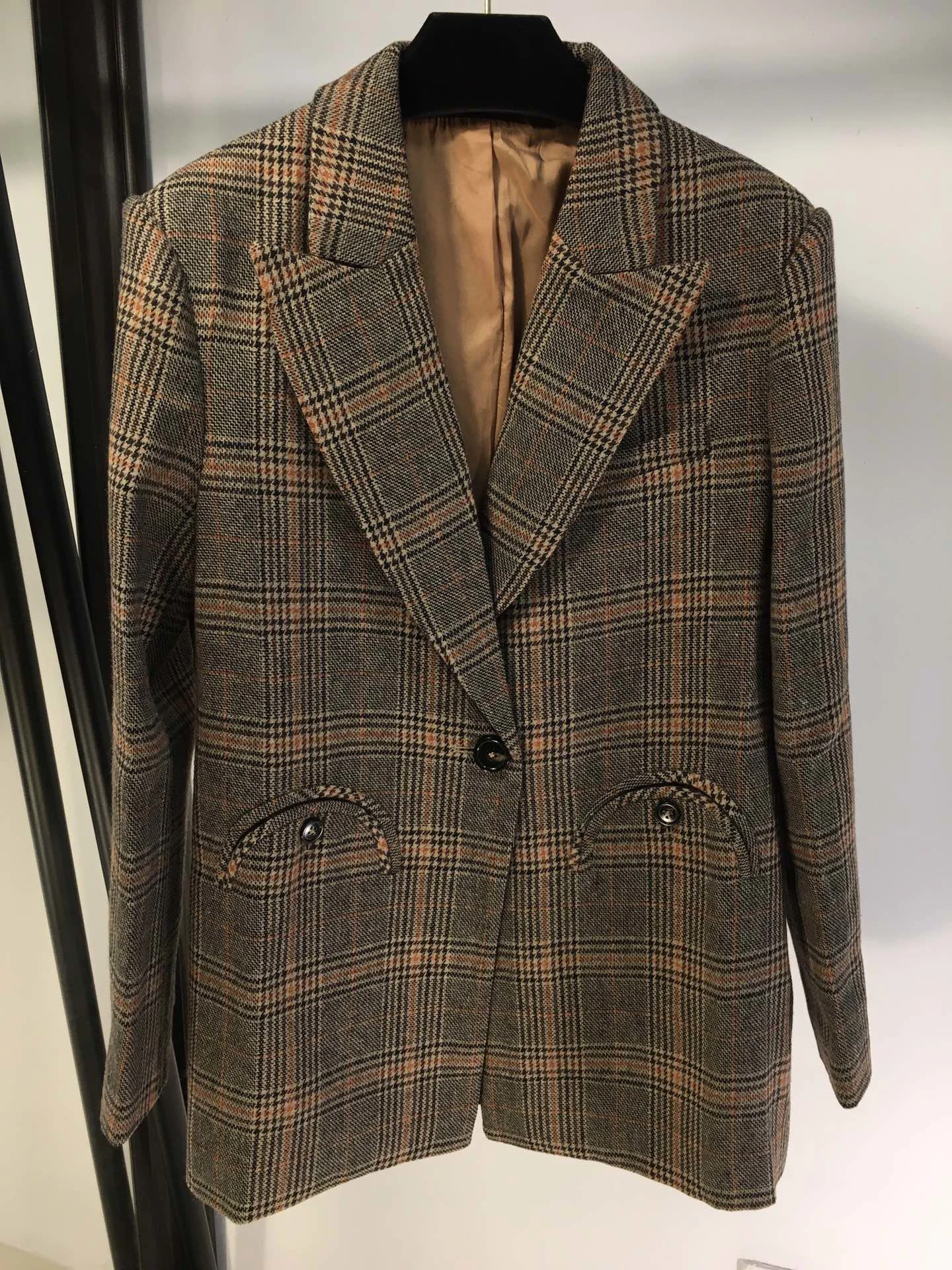

high ladies 2023 new quality fashion long sleeve lapel check woolen coat 1127