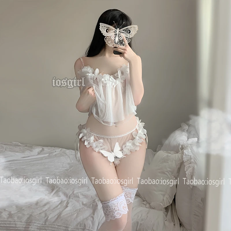 

Sexy Sexy Lingerie Evening Wear Night Gowns with Thong Sets Halter Backless Mesh Lace Fabric Wedding Use Young Girl Pajama Set