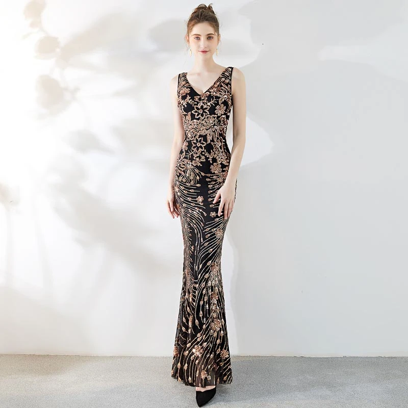 

Длинное вечернее платье с золотыми блестками, в китайском стиле, женское черное платье с вышивкой в восточном стиле, чонсам, в Корейском сти...