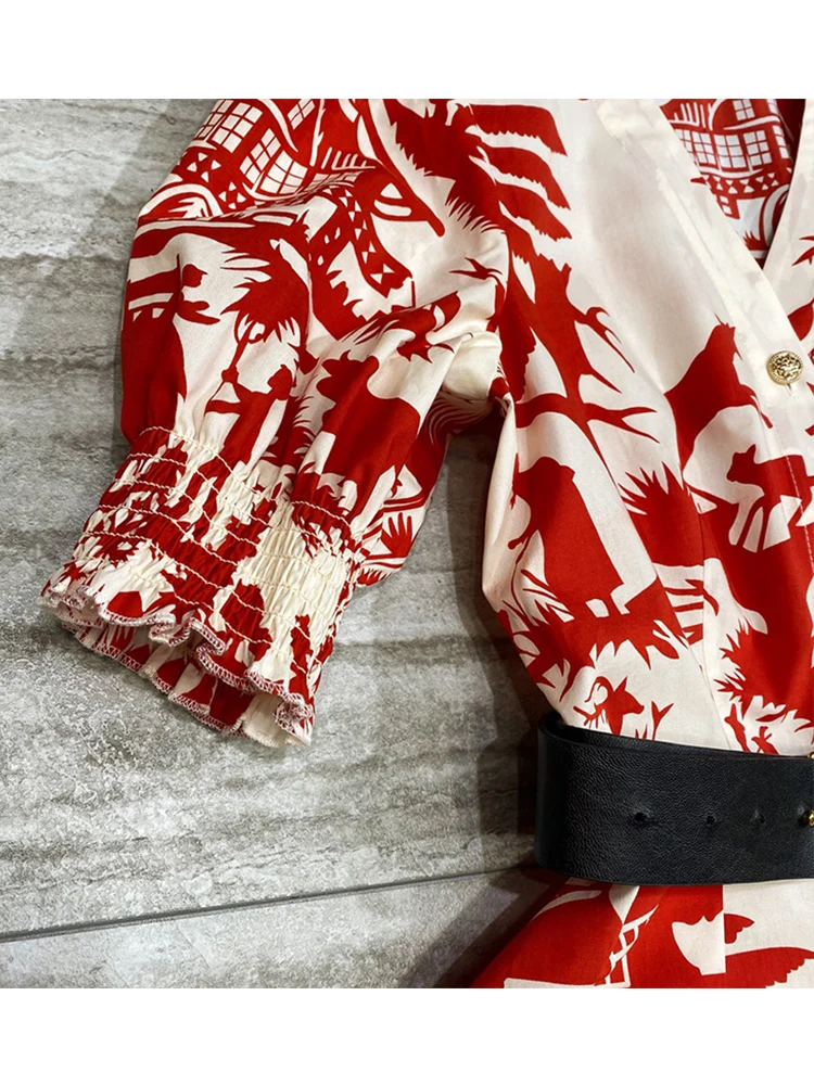 

Catwalk style V-neck retro geometric print pattern bandage waist puff sleeve dress summer new style loose big swing puff skirt