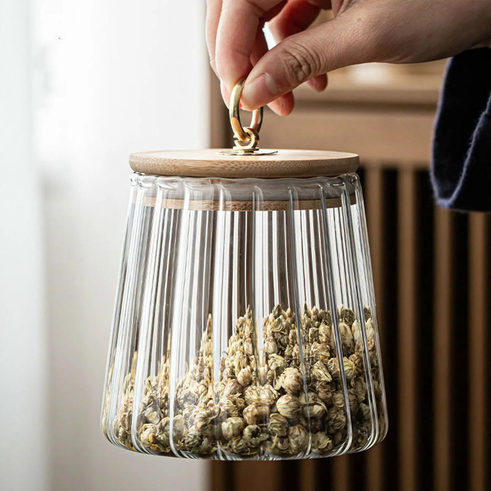 Jar Food Container Glass Airtight Canister Grains Kitchen Storage Bottles Tea Coffee Beans Grains Candy Jars Wood Lid Containers