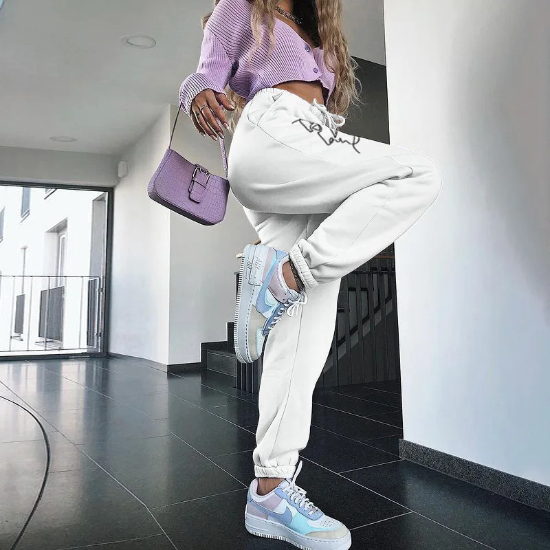 

Casual Women Sweatpant Cotton Side Letter Print Summer Elstic High Waist Trousers Cargo Pants 2021 Sporting Streetwear Pants