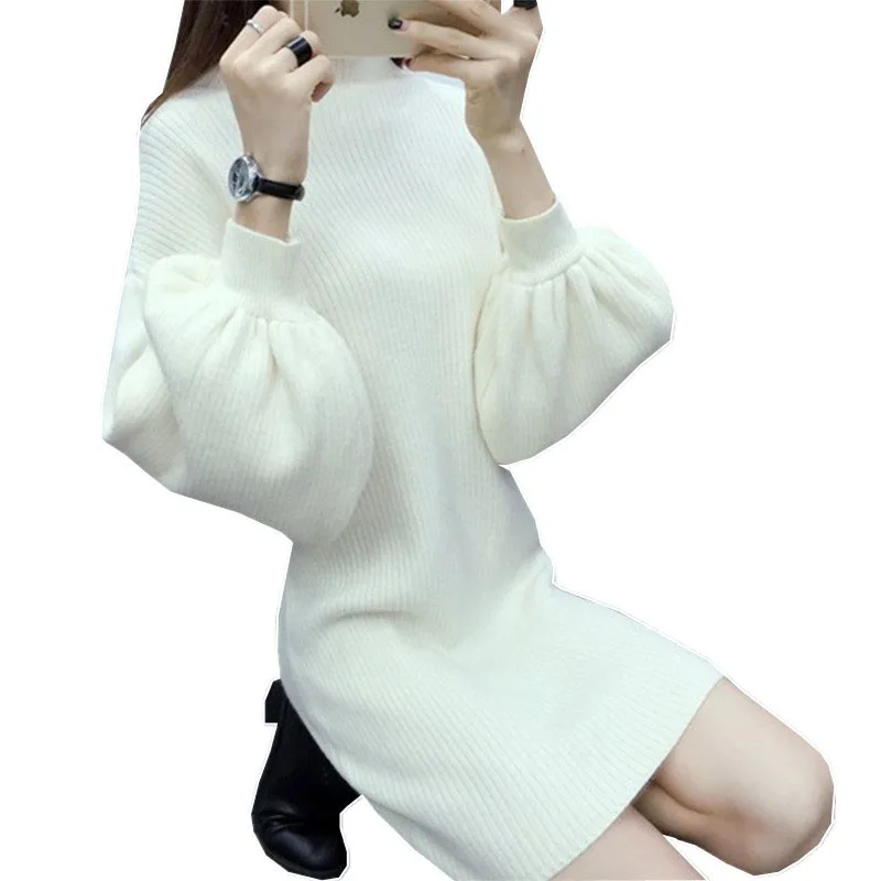 

New Women Autumn Winter Half High Neck Loose Lantern Sleeve Base Sweater Dress Mid-length Hedging Slim Knit Dresses Female OK917