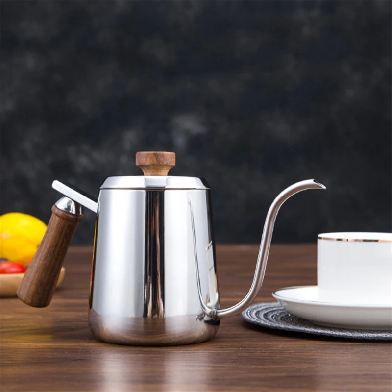 

300/600ml Stainless Steel Coffee Kettle Gooseneck Spout Pour Over Thin Mouth Retro Tea Pot with Scale Wooden Handle