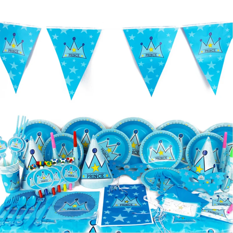 

90pcs Kids Birthday Party Tableware Prince Crown straw Design banner Paper Cups cloth Plate Baby Shower Party Decoration Ket
