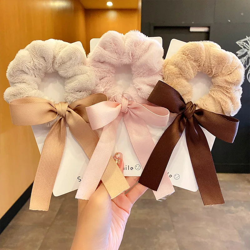 

New Women Elegant Ribbon Soft Plush Elastic Hair Bands Winter Sweet Scrunchies Hair Tie Rubber Bands Fashion Hair Accessories