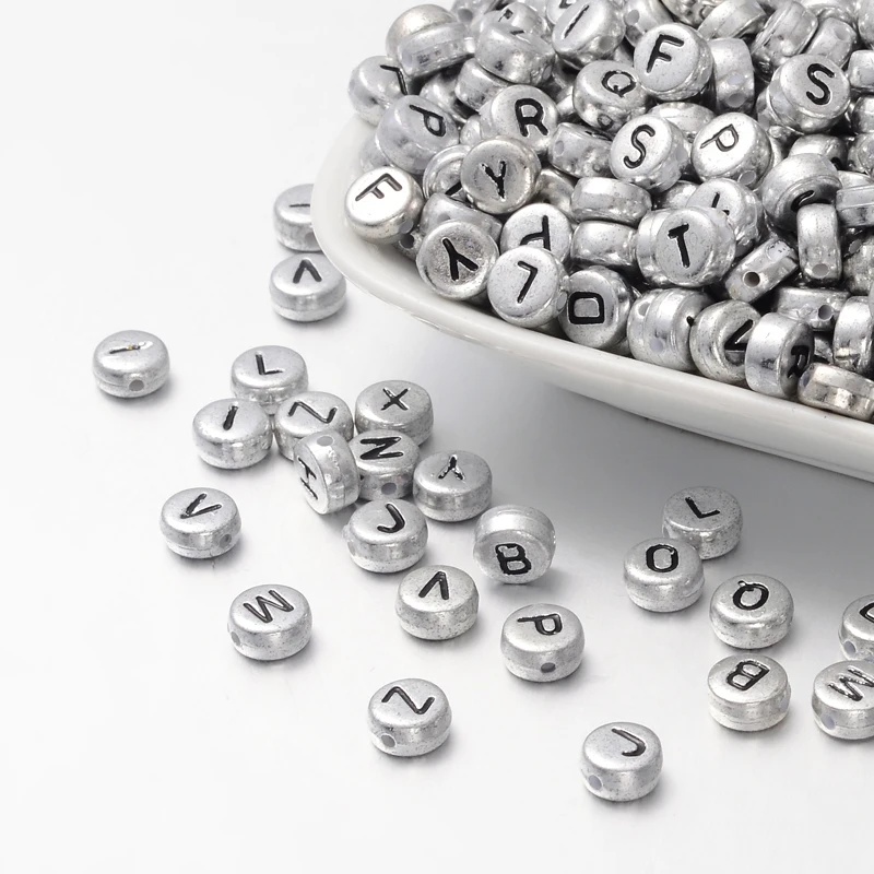 

500 g Silver Color Plated Acrylic Beads Flat Round with Letter Random Mixed Letters 7x3.5mm Hole: 1mm about 3600pcs/500g