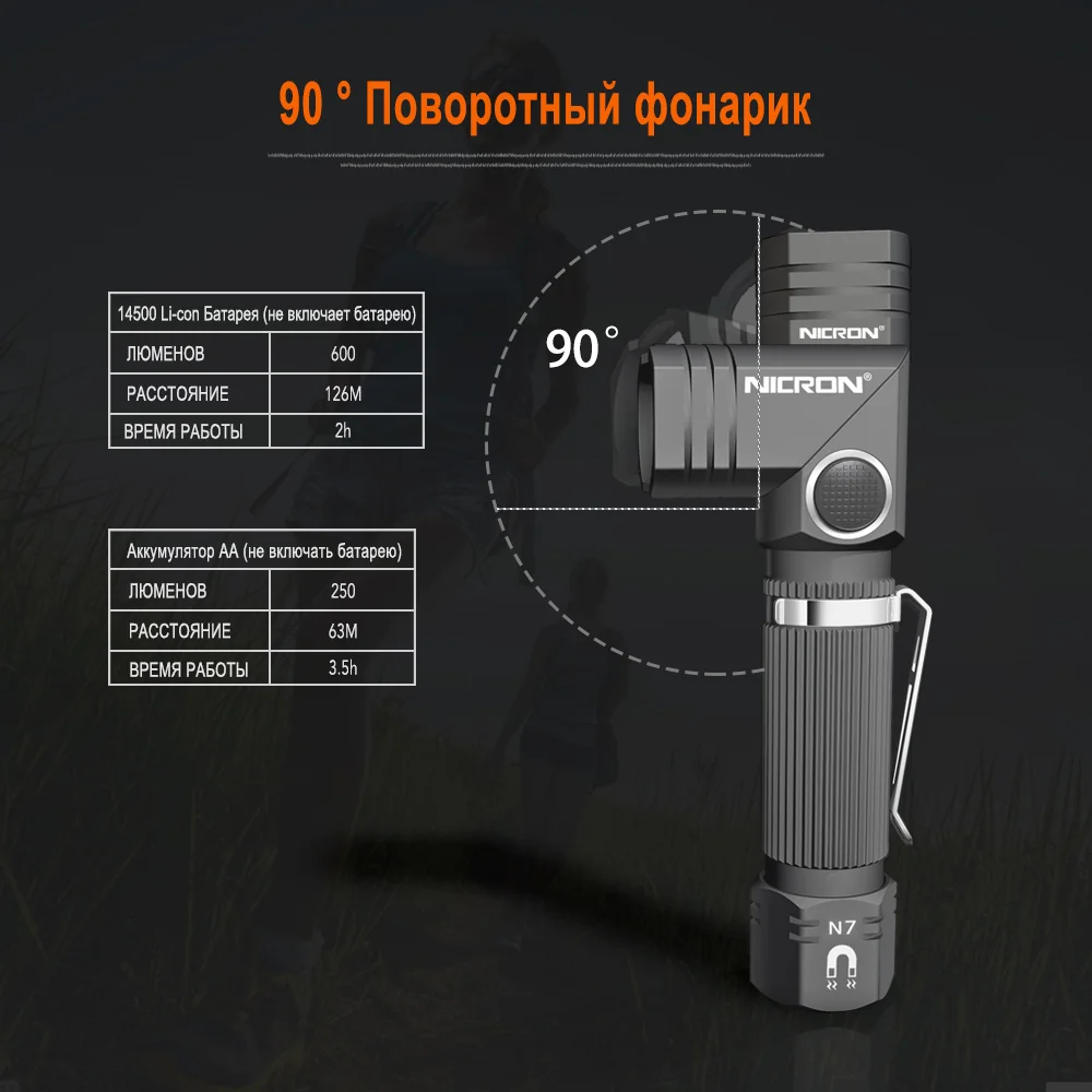 NICRON светодио дный фонарик Handfree двойной топливный 90 градусов Поворот Поворотный Зажим 600LM Водонепроницаемый магнит мини освещения светодио дный факел Открытый N7