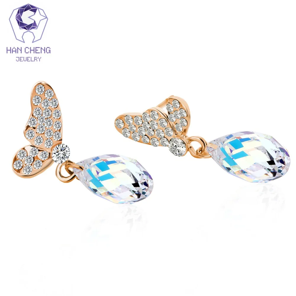 Женские Висячие серьги HanCheng с золотыми крыльями бабочки украшенные камнями